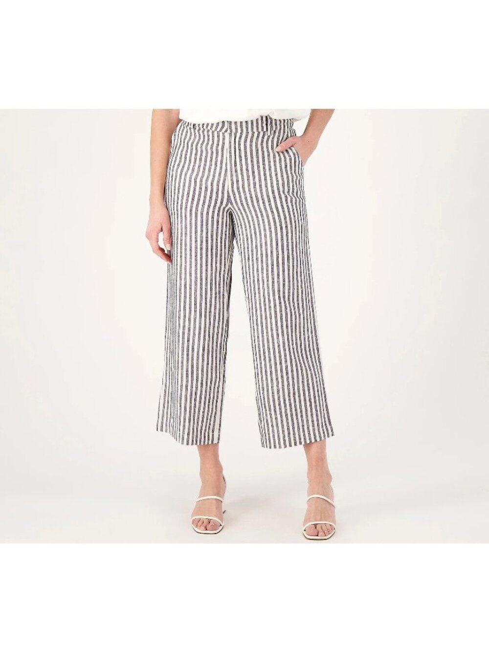 Candace Cameron Bure Crop Pants Size 16 Petite Wide Leg Midnight Blue Striped
